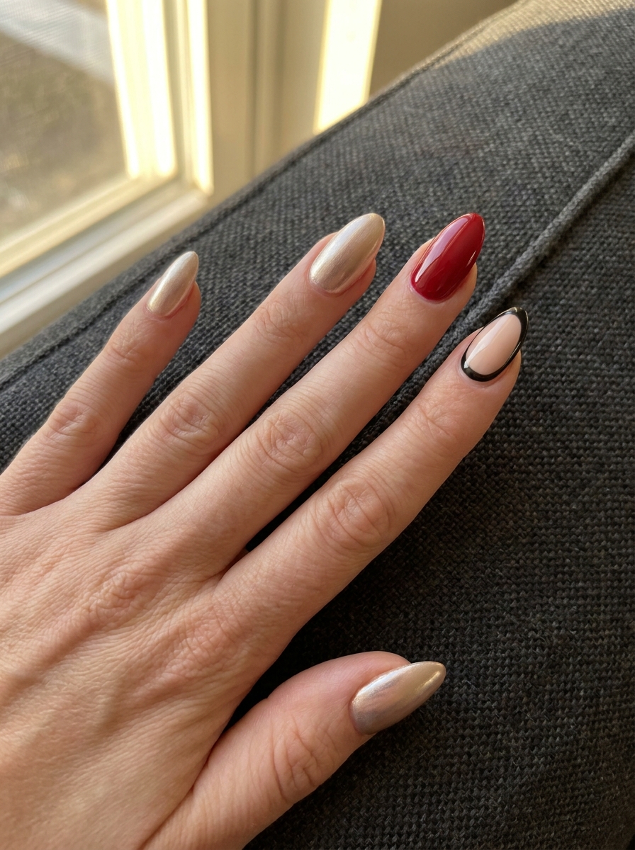Gold Chrome und Red Outline Nails